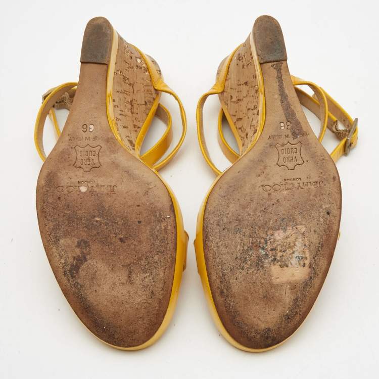 Pre Owned Jimmy Choo Yellow Patent Leather Cork Wedge  Sandals Size 36