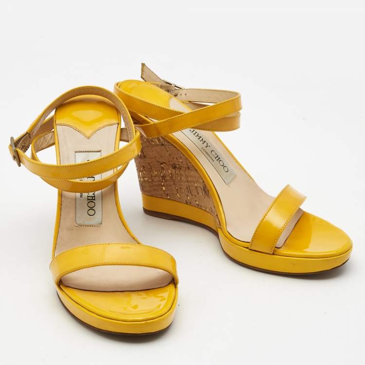 Pre Owned Jimmy Choo Yellow Patent Leather Cork Wedge  Sandals Size 36