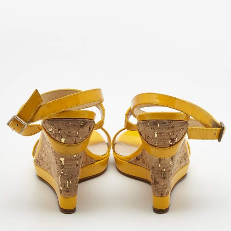 Pre Owned Jimmy Choo Yellow Patent Leather Cork Wedge  Sandals Size 36