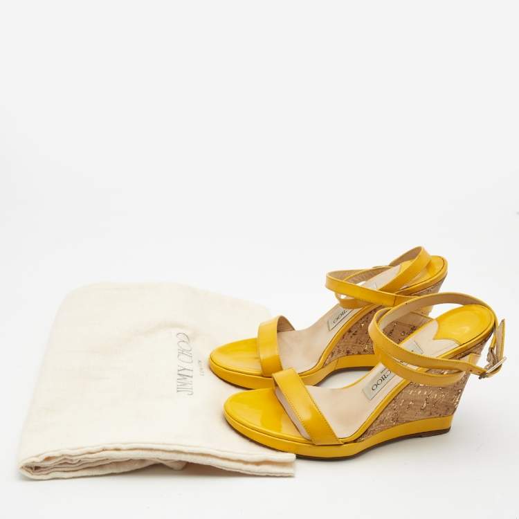 Pre Owned Jimmy Choo Yellow Patent Leather Cork Wedge  Sandals Size 36