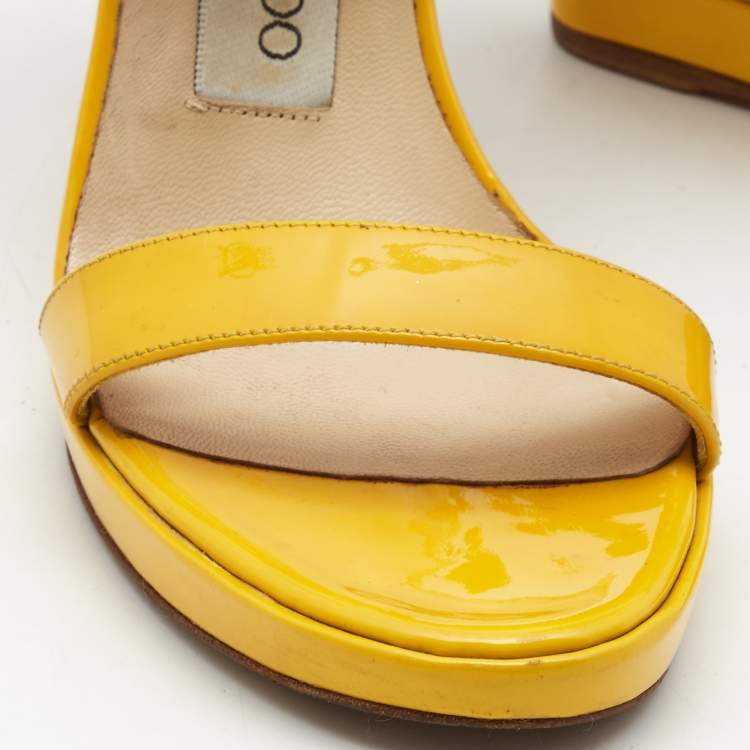 Pre Owned Jimmy Choo Yellow Patent Leather Cork Wedge  Sandals Size 36