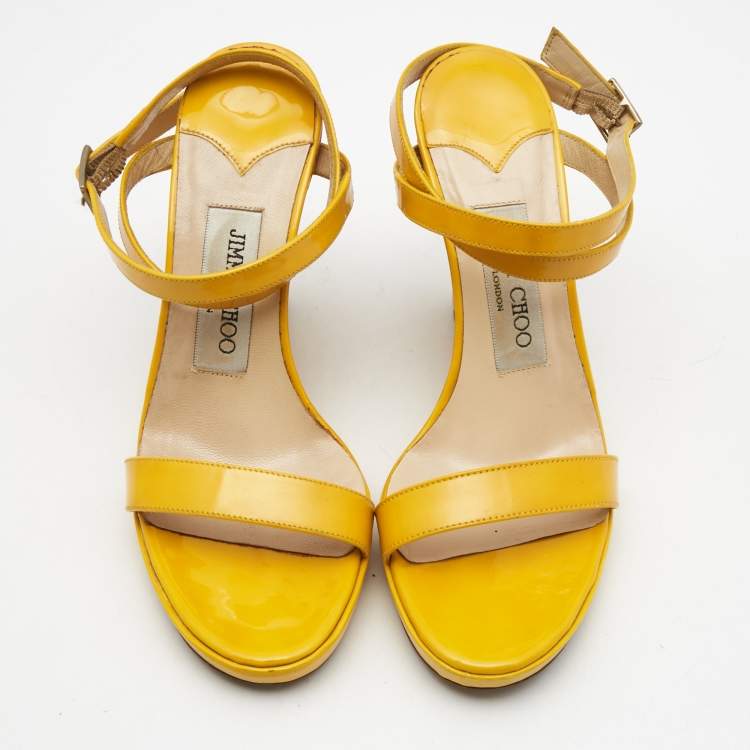 Pre Owned Jimmy Choo Yellow Patent Leather Cork Wedge  Sandals Size 36
