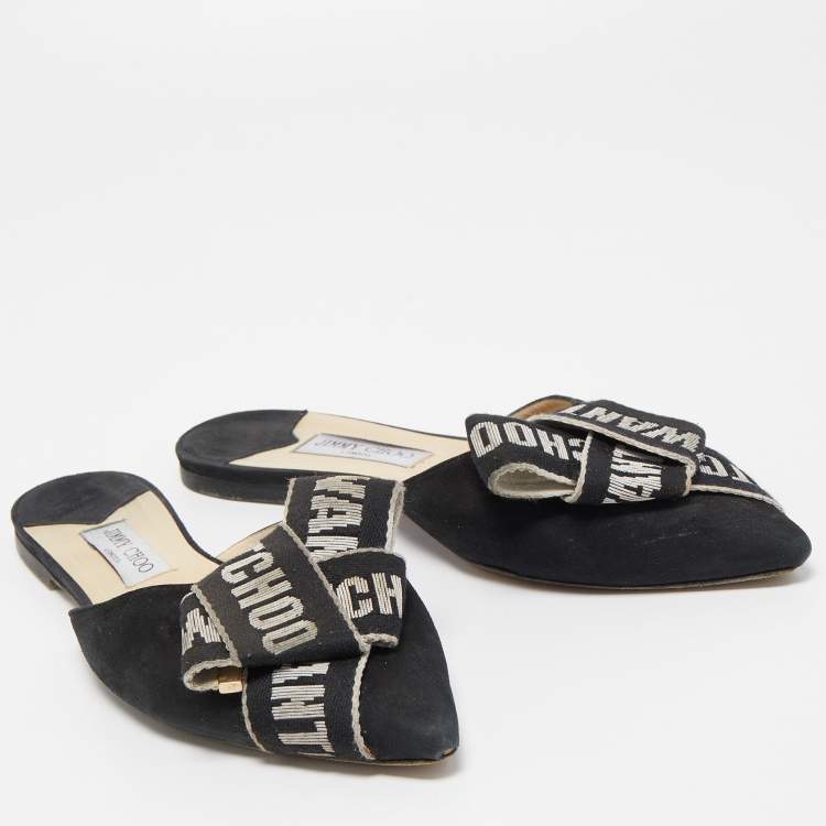 Pre Owned Jimmy Choo Black Suede and Logo Canvas Gretchen Flat Mules Size 41