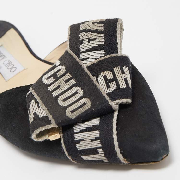 Pre Owned Jimmy Choo Black Suede and Logo Canvas Gretchen Flat Mules Size 41