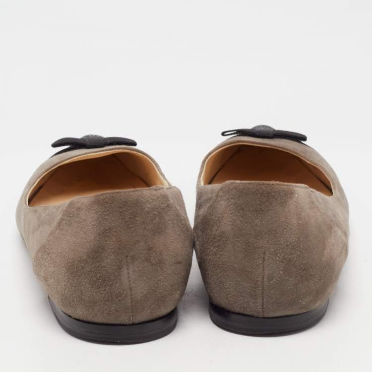Pre Owned Jimmy Choo Dark Grey Suede and Glitter Bow Ballet Flats Size 35.5