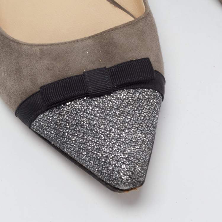 Pre Owned Jimmy Choo Dark Grey Suede and Glitter Bow Ballet Flats Size 35.5