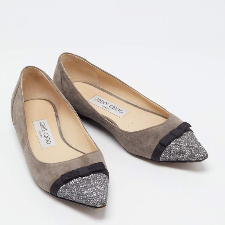 Pre Owned Jimmy Choo Dark Grey Suede and Glitter Bow Ballet Flats Size 35.5