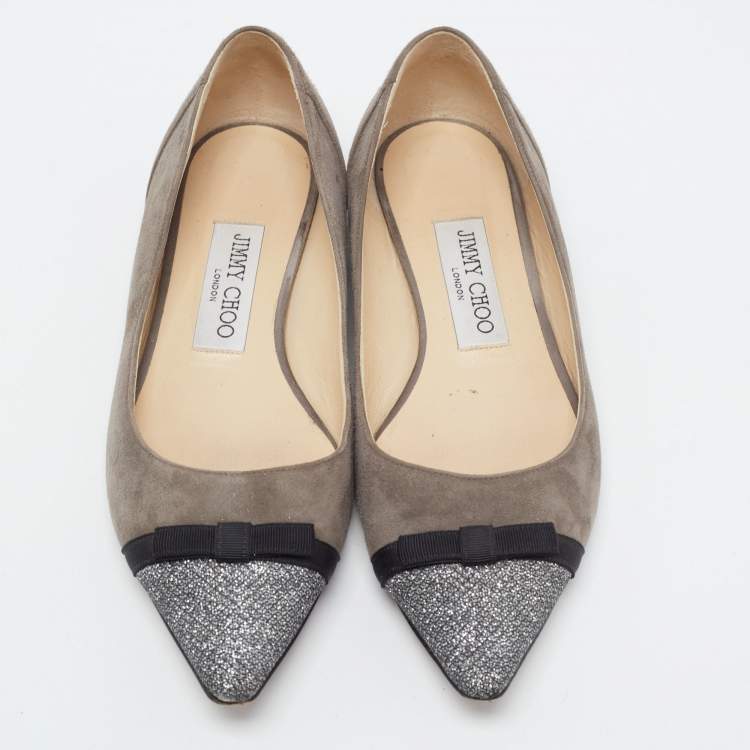 Pre Owned Jimmy Choo Dark Grey Suede and Glitter Bow Ballet Flats Size 35.5