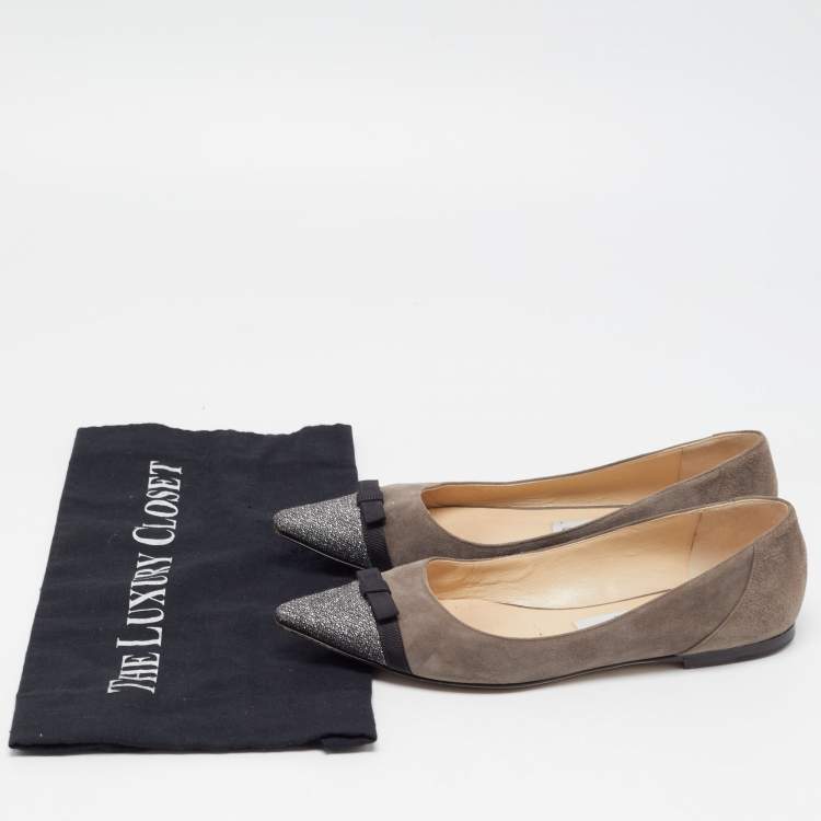 Pre Owned Jimmy Choo Dark Grey Suede and Glitter Bow Ballet Flats Size 35.5