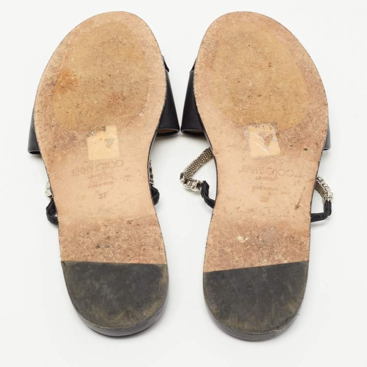 Pre Owned Jimmy Choo Black Leather Aadi Flat Slides Size 37