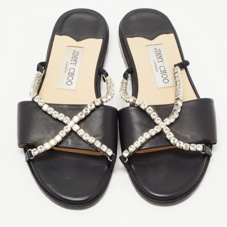 Pre Owned Jimmy Choo Black Leather Aadi Flat Slides Size 37