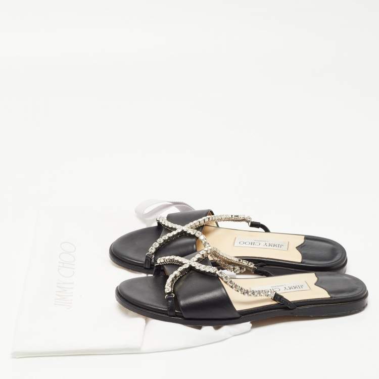 Pre Owned Jimmy Choo Black Leather Aadi Flat Slides Size 37