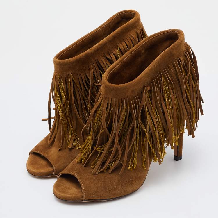 مملوكة مسبقًا Jimmy Choo Brown Suede Fringe Peep-Toe Booties Size 36