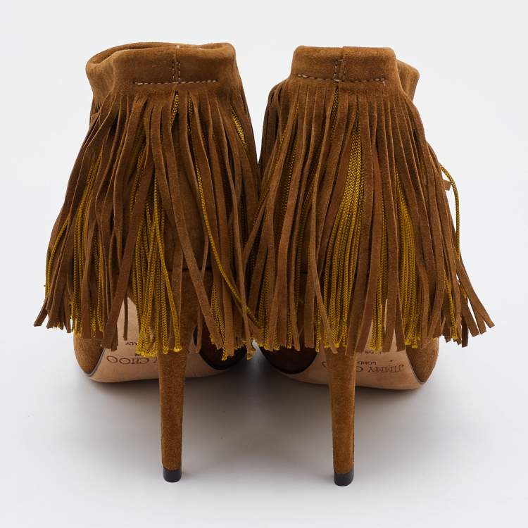 مملوكة مسبقًا Jimmy Choo Brown Suede Fringe Peep-Toe Booties Size 36