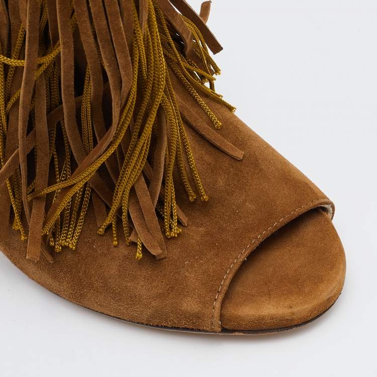 مملوكة مسبقًا Jimmy Choo Brown Suede Fringe Peep-Toe Booties Size 36