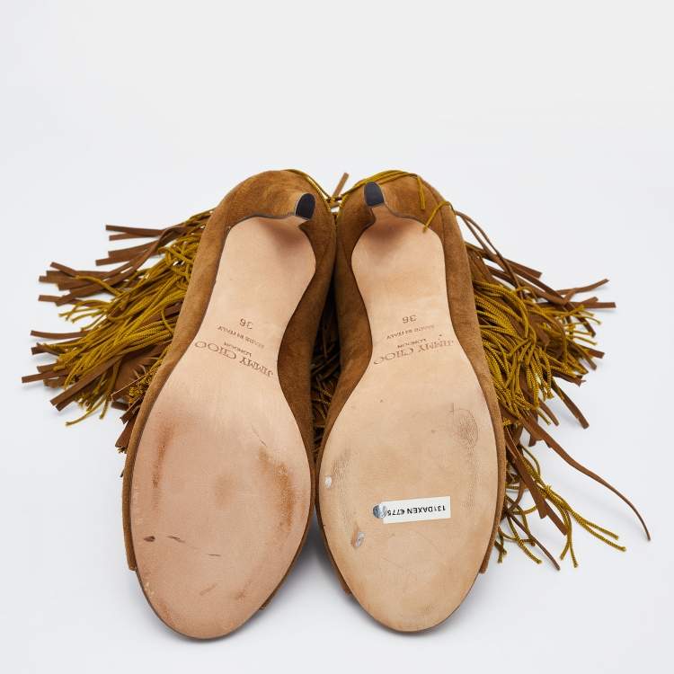 مملوكة مسبقًا Jimmy Choo Brown Suede Fringe Peep-Toe Booties Size 36