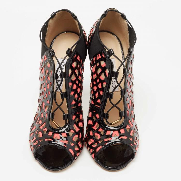 Pre Owned Jimmy Choo Black/Pink Patent Leather Tactic Open Toe Booties Size 41