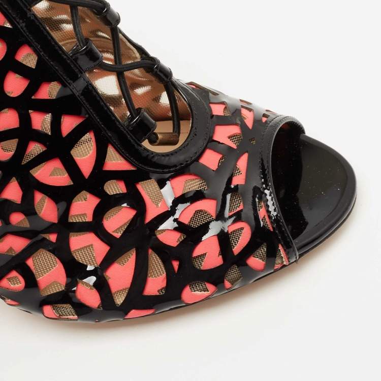 Pre Owned Jimmy Choo Black/Pink Patent Leather Tactic Open Toe Booties Size 41