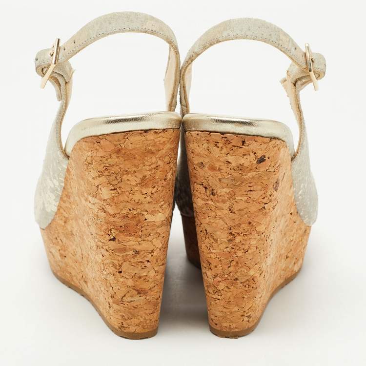 Pre Owned Jimmy Choo Gold/Grey Suede Prova Cork Sandals Size 35