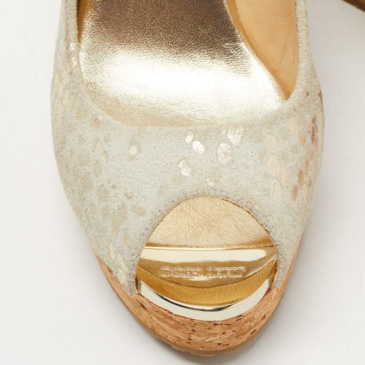 Pre Owned Jimmy Choo Gold/Grey Suede Prova Cork Sandals Size 35