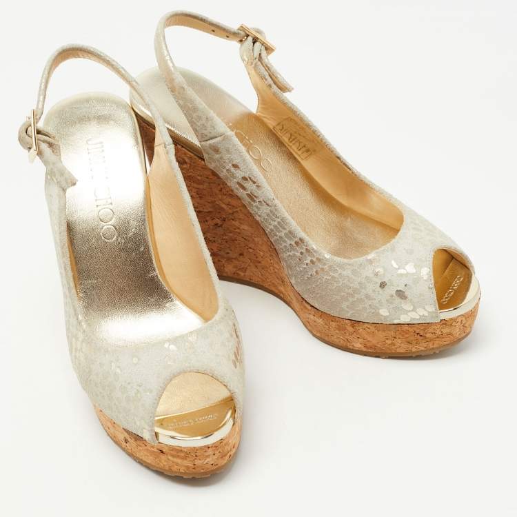 Pre Owned Jimmy Choo Gold/Grey Suede Prova Cork Sandals Size 35