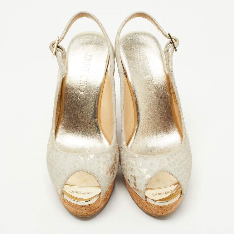Pre Owned Jimmy Choo Gold/Grey Suede Prova Cork Sandals Size 35