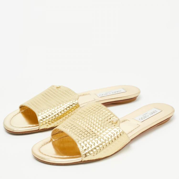 Pre Owned Jimmy Choo Gold Leather Nanda Flat Slides Size 42