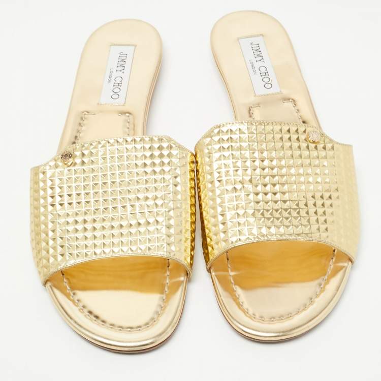 Pre Owned Jimmy Choo Gold Leather Nanda Flat Slides Size 42