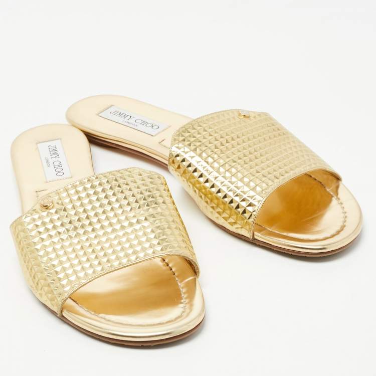 Pre Owned Jimmy Choo Gold Leather Nanda Flat Slides Size 42
