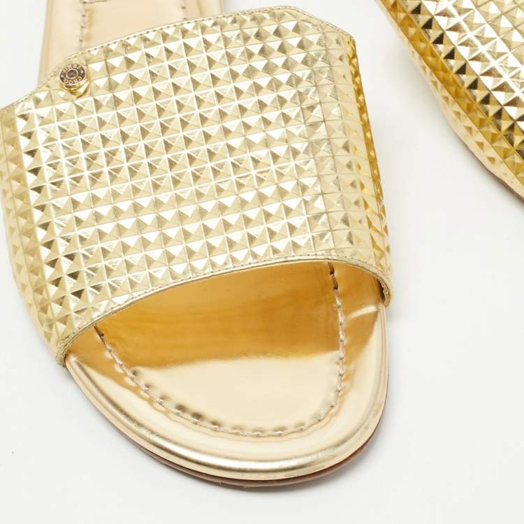 Pre Owned Jimmy Choo Gold Leather Nanda Flat Slides Size 42