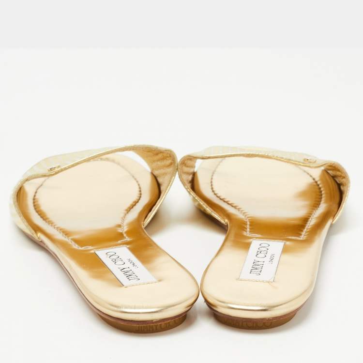 Pre Owned Jimmy Choo Gold Leather Nanda Flat Slides Size 42