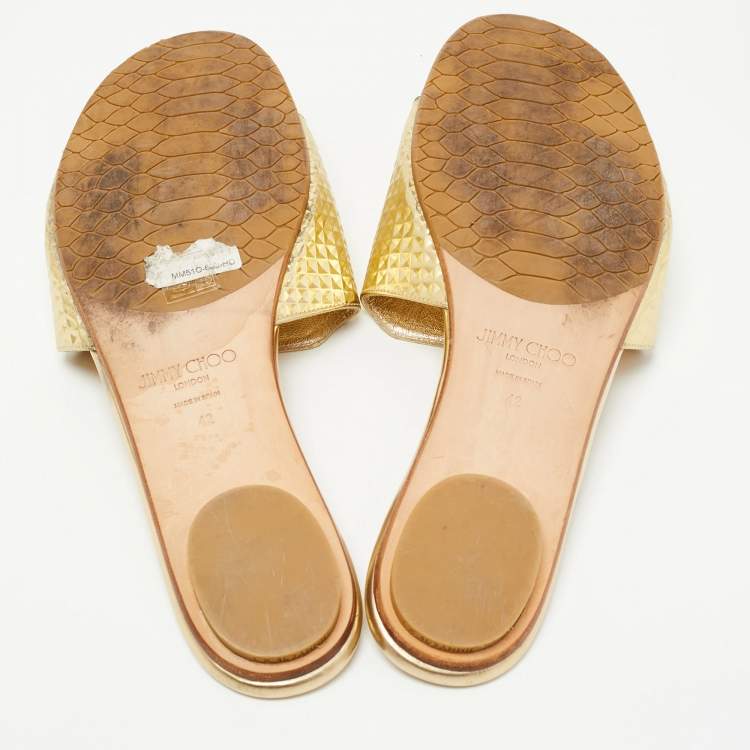 Pre Owned Jimmy Choo Gold Leather Nanda Flat Slides Size 42