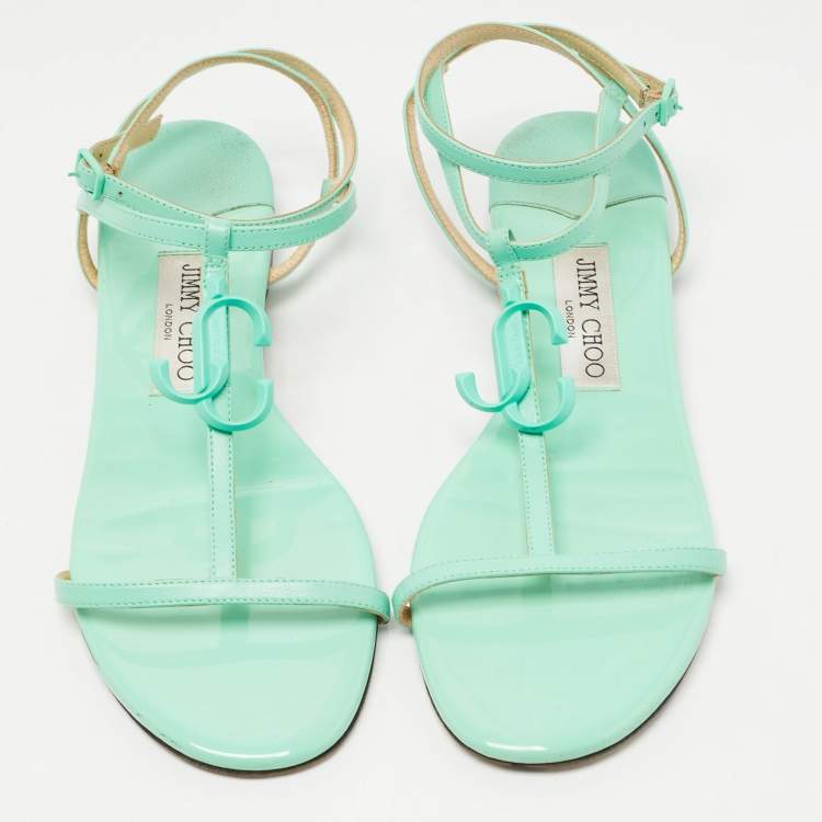 Pre Owned Jimmy Choo Green Leather Ankle Strap Flats Size 38