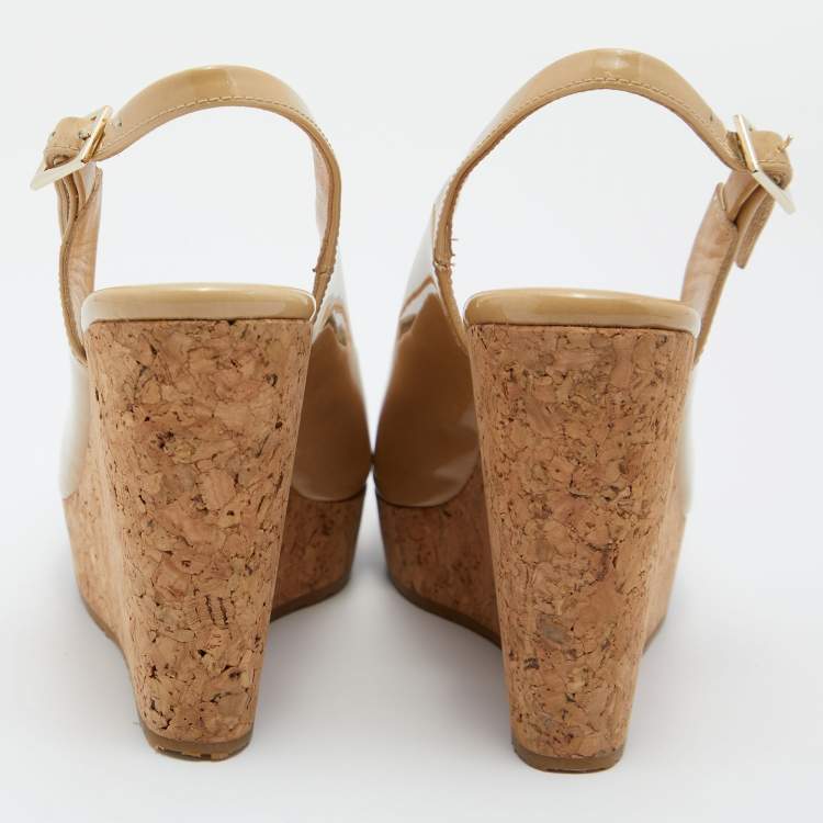 Pre Owned Jimmy Choo Beige Patent Leather Prova Slingback Cork Wedge Sandals Size 35