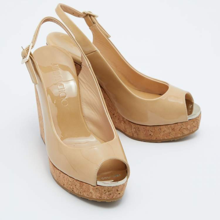 Pre Owned Jimmy Choo Beige Patent Leather Prova Slingback Cork Wedge Sandals Size 35