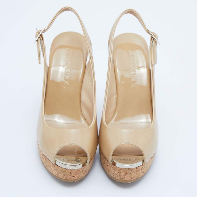 Pre Owned Jimmy Choo Beige Patent Leather Prova Slingback Cork Wedge Sandals Size 35