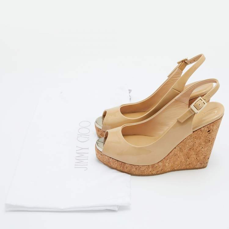 Pre Owned Jimmy Choo Beige Patent Leather Prova Slingback Cork Wedge Sandals Size 35
