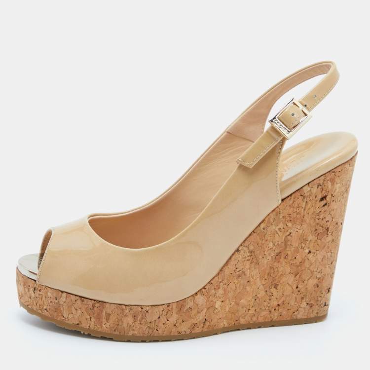 Pre Owned Jimmy Choo Beige Patent Leather Prova Slingback Cork Wedge Sandals Size 35