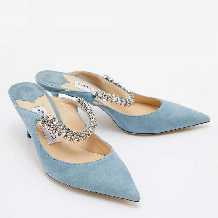 Pre Owned Jimmy Choo Blue Suede Bing Crystal Embellished Pointed Toe Mules Size 36