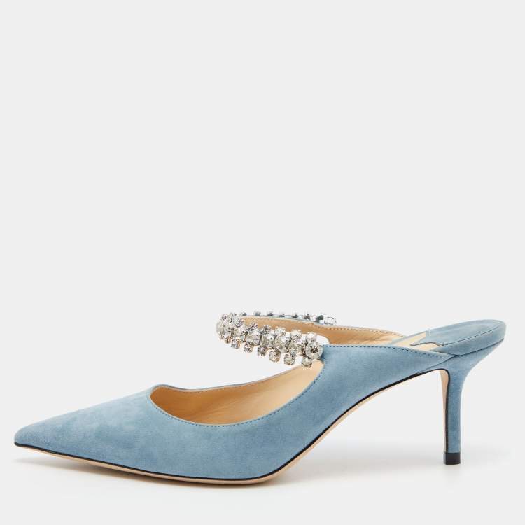 Pre Owned Jimmy Choo Blue Suede Bing Crystal Embellished Pointed Toe Mules Size 36