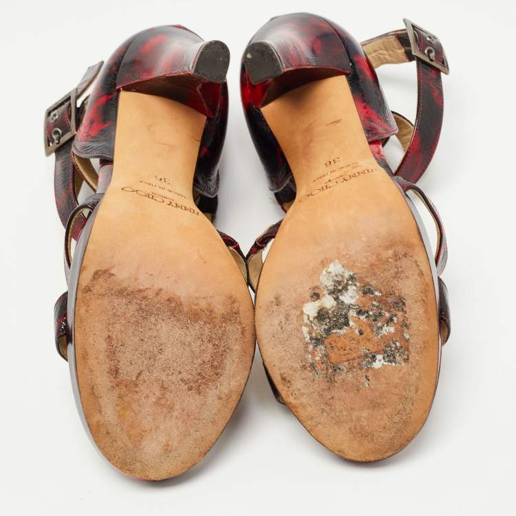 Pre Owned Jimmy Choo Red/Black Leather Double Cross Strap Sandals Size 36