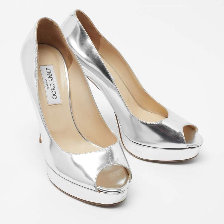 Pre Owned Jimmy Choo Silver Leather Crown Pumps Size 39.5
