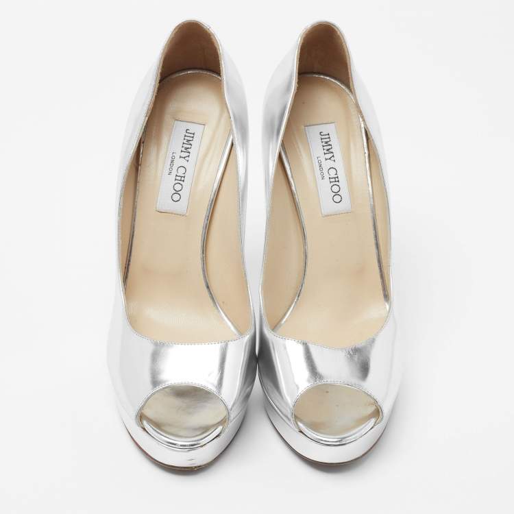 Pre Owned Jimmy Choo Silver Leather Crown Pumps Size 39.5