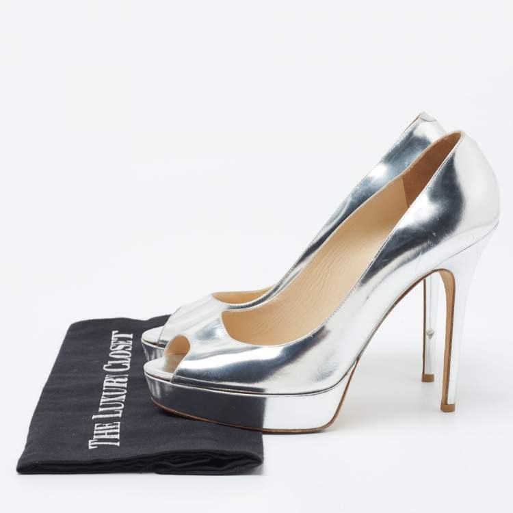 Pre Owned Jimmy Choo Silver Leather Crown Pumps Size 39.5