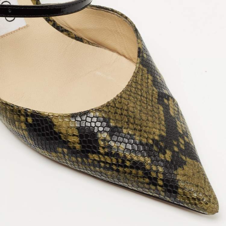 Pre Owned Jimmy Choo Green/Black Python Embossed Leather Slingback Pumps Size 37   