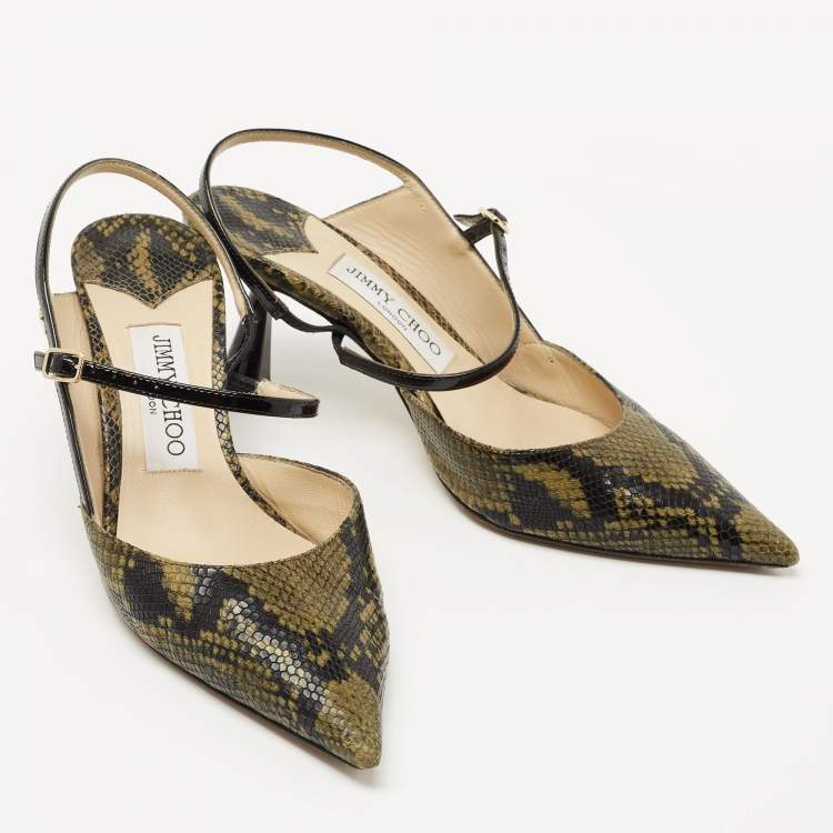 Pre Owned Jimmy Choo Green/Black Python Embossed Leather Slingback Pumps Size 37   