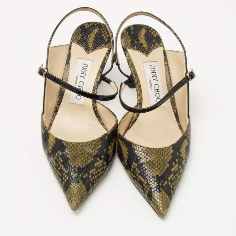 Pre Owned Jimmy Choo Green/Black Python Embossed Leather Slingback Pumps Size 37   