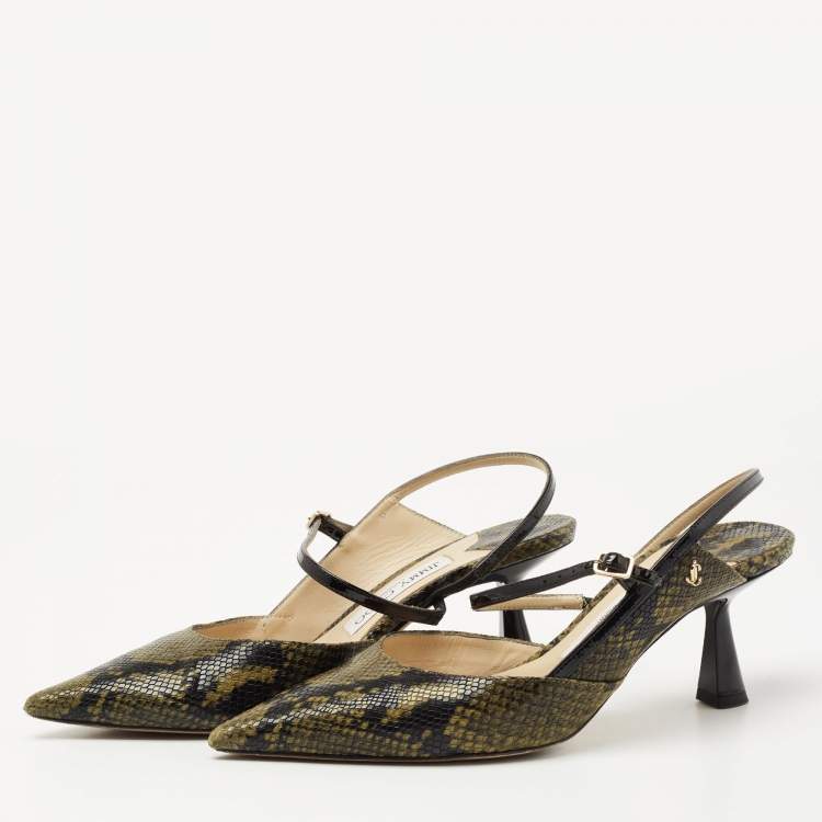 Pre Owned Jimmy Choo Green/Black Python Embossed Leather Slingback Pumps Size 37   