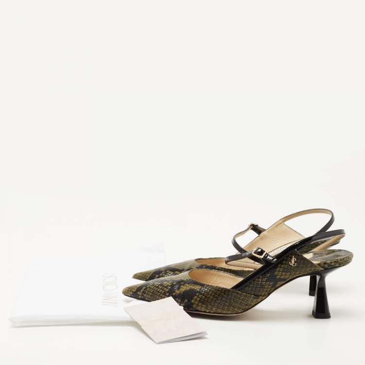 Pre Owned Jimmy Choo Green/Black Python Embossed Leather Slingback Pumps Size 37   