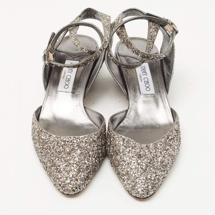 Pre Owned Jimmy Choo Silver Glitter  Vicky Slingback Pumps Size 40.5